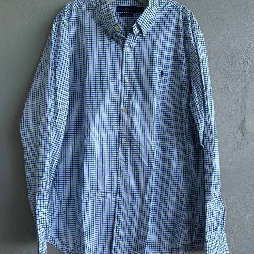 Ralph Lauren Men's  Slim Fit  100 % cotton Blue and White Plaid Shirt size XL